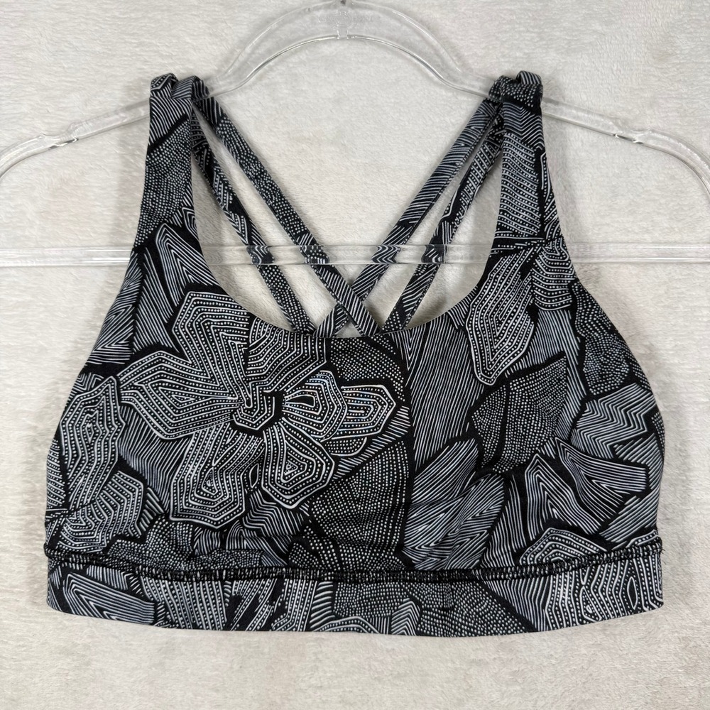 Lululemon Energy Bra Black White Floral Geo Strappy Back Sports‎ Bra Size 8